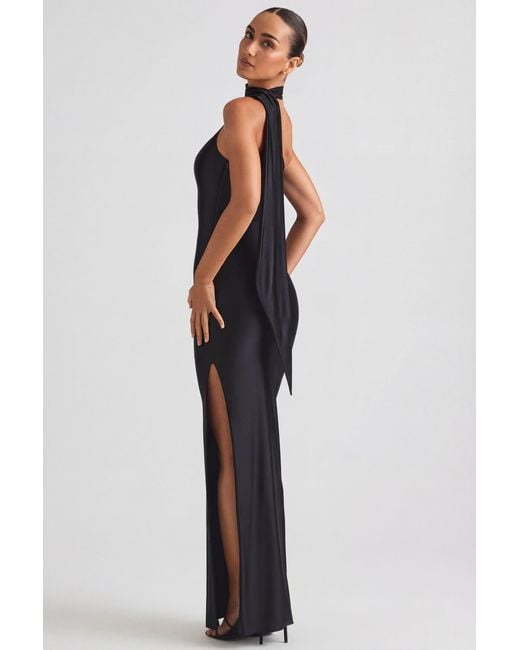 Oh Polly Black Asymmetric Scarf-Detail Maxi Dress
