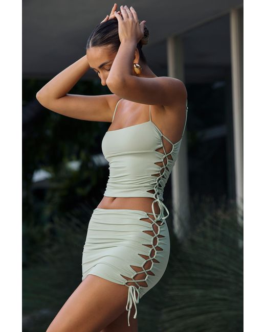 Oh Polly Green Ruched Cut-Out Mini Skirt