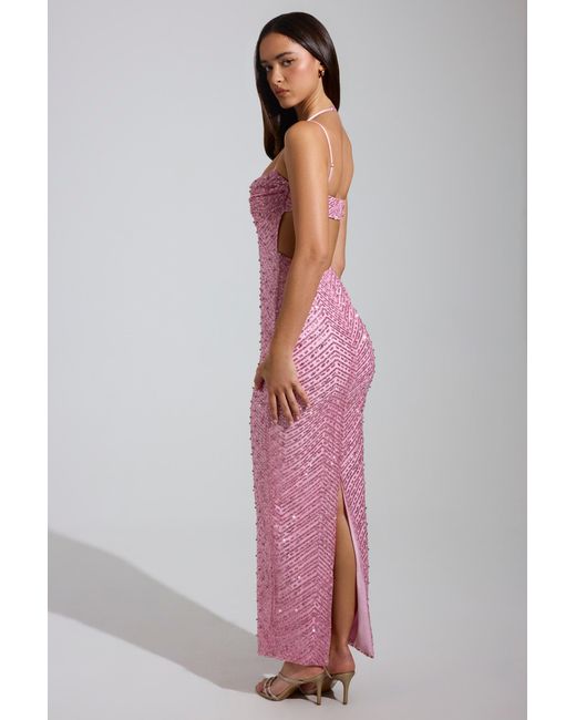Oh Polly Pink Embellished Cowl-Neck Maxi Dress