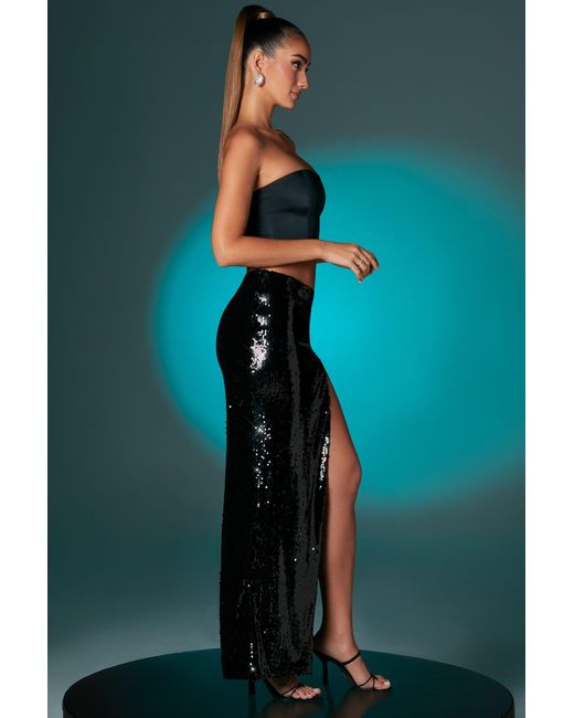 Oh Polly Black Flat Sequin Thigh Split Maxi Skirt