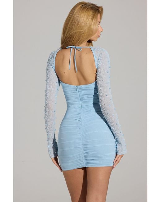 Oh Polly Blue Embellished Long Sleeve Mini Dress