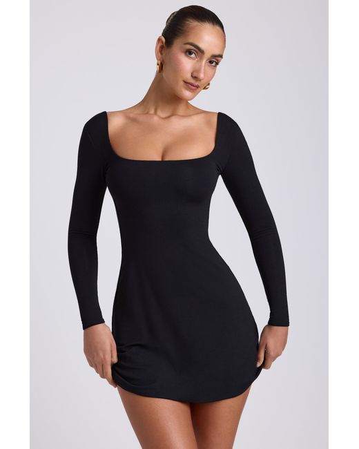 Oh Polly Black Modal Square Neck Long Sleeve Mini Dress