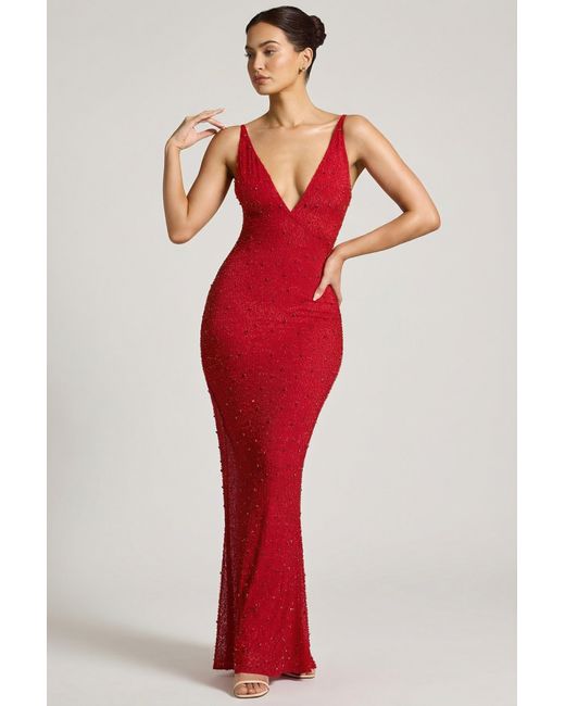 Oh Polly Red Embellished Plunge Neck Evening Gown