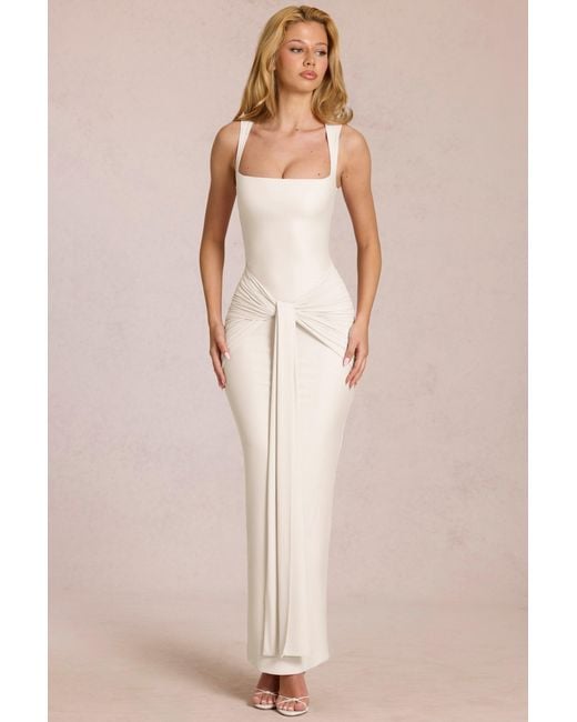 Oh Polly White Square-Neck Tie-Gather Maxi Dress