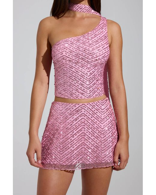 Oh Polly Pink Embellished Asymmetric Scarf-Detail Top