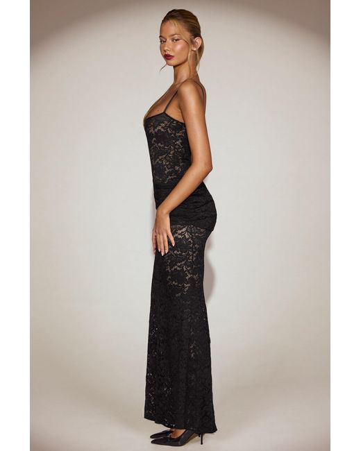 Oh Polly Black Sheer Lace Square-Neck Ruched Gown