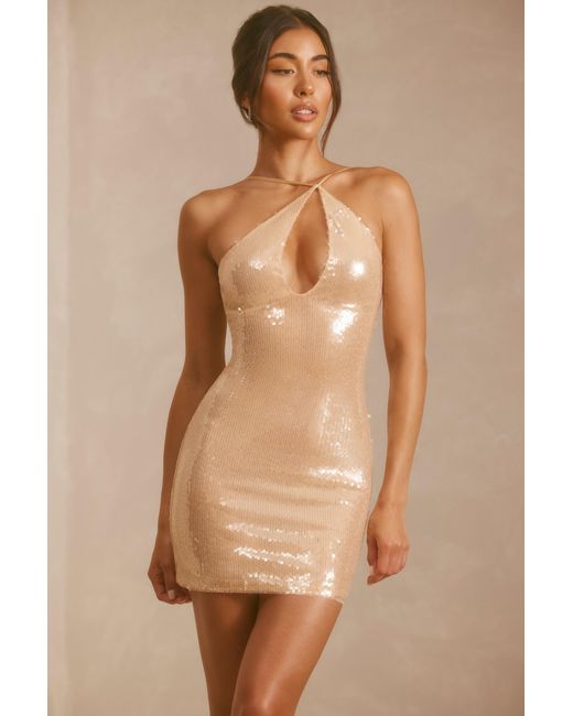 Oh Polly Natural Sheer Sequin Asymmetric Cut Out Mini Dress