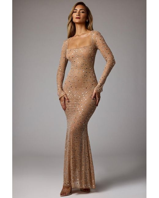 Oh Polly Natural Sheer Embellished Long Sleeve Evening Gown