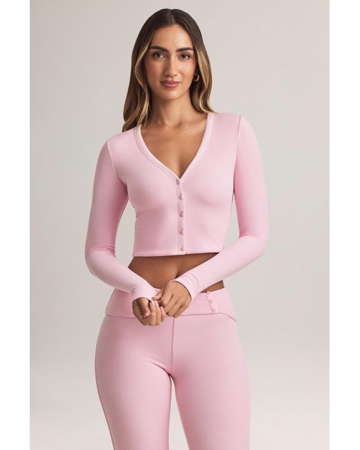 Women's Pink Modal Ribbed Cropped Cardigan