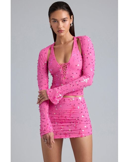Oh Polly Pink Ruched Mid-Rise Micro Mini Skirt