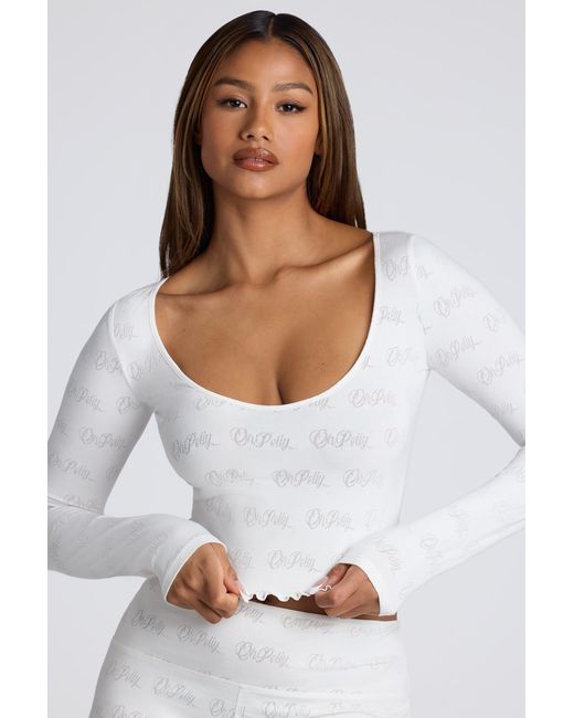 Oh Polly White Long Sleeve Scoop Neck Pointelle Crop Top