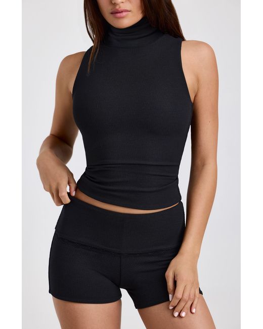 Oh Polly Black Modal Ribbed Mid-Rise Foldover Shorts