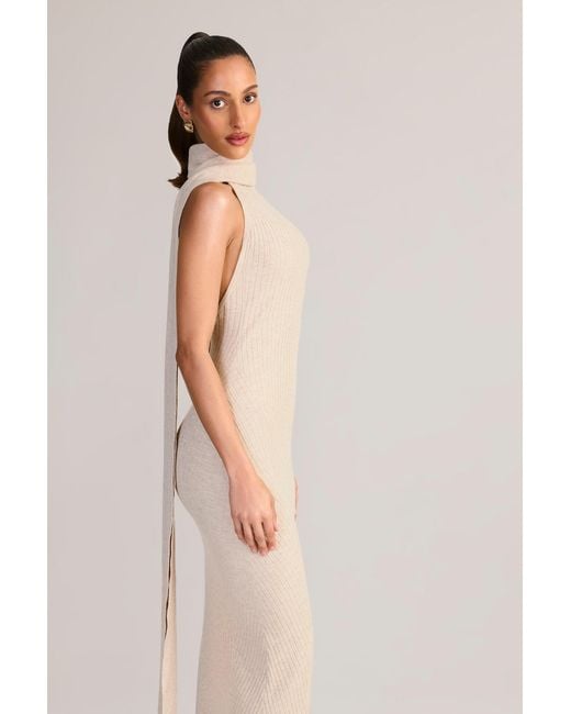 Oh Polly White Rib-Knit Scarf-Detail Halterneck Maxi Dress