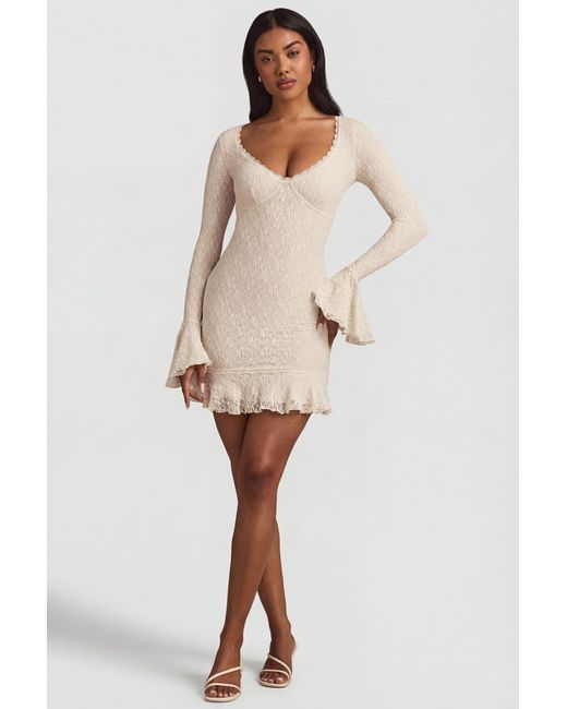 Oh Polly White Long-Sleeve Ruffled Lace Mini Dress