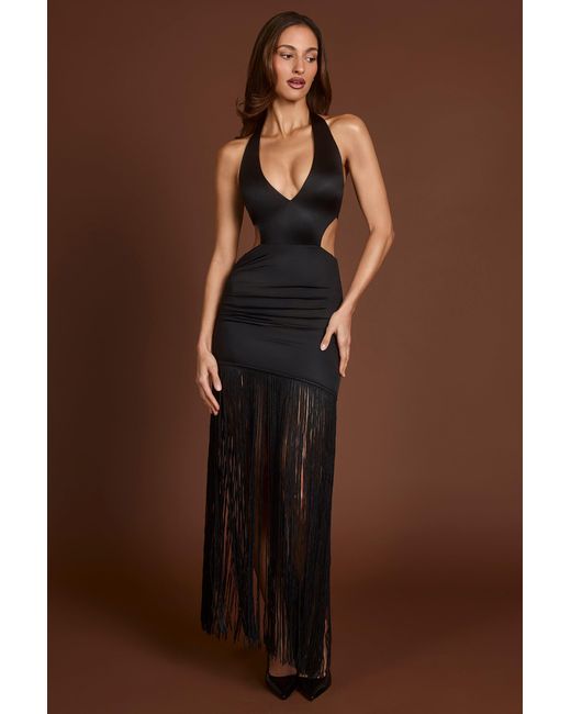 Oh Polly Black Fringed Plunge-Neck Maxi Dress