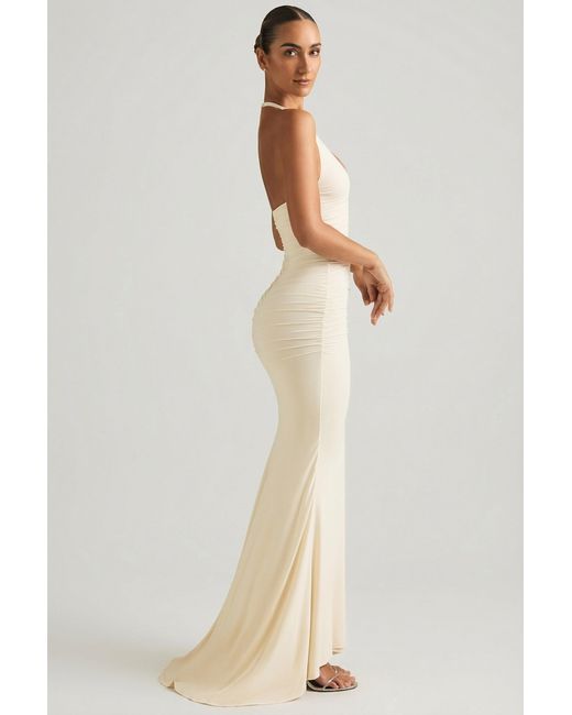 Oh Polly White Ruched Backless Halterneck Gown