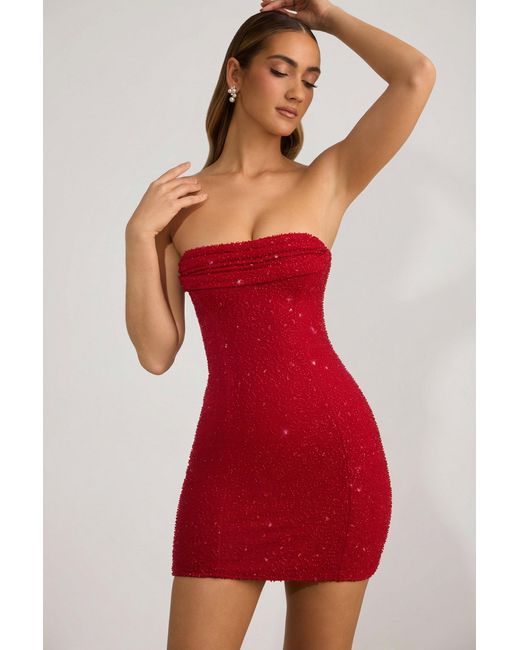 Oh Polly Red Embellished Strapless Cowl-Neck Mini Dress