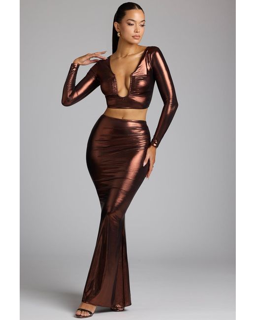 Oh Polly Brown Mid Rise Metallic Jersey Maxi Skirt