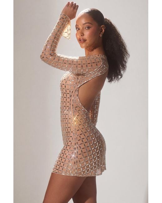 Oh Polly Natural Embellished Semi-Sheer Cut-Out Mini Dress