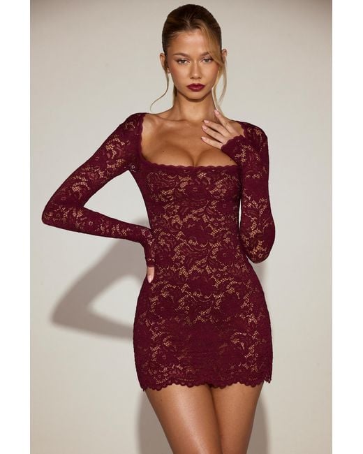 Oh Polly Red Sheer Scalloped-Lace Long-Sleeve Mini Dress