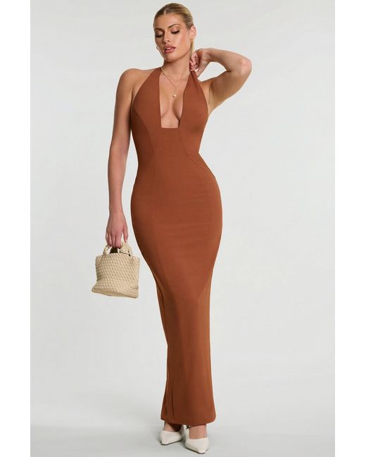 Oh Polly Brown Woven Twill Halter Neck Plunge Maxi Dress