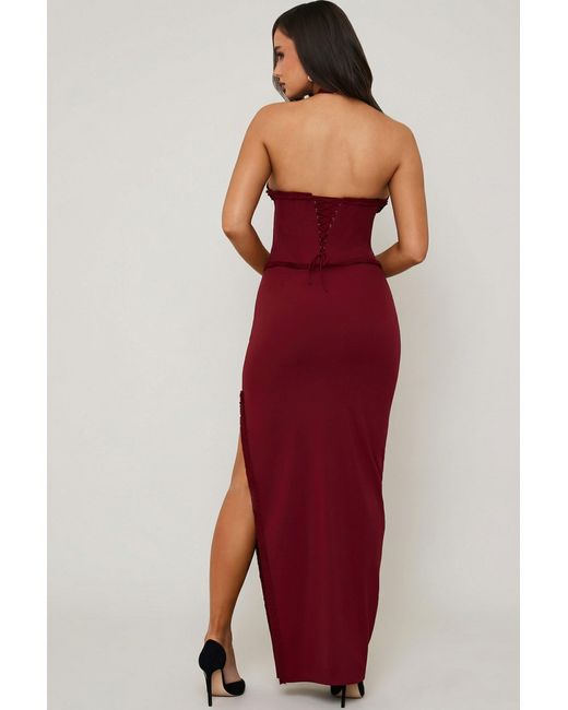Oh Polly Red Halterneck Lace-Up Corset Maxi Dress