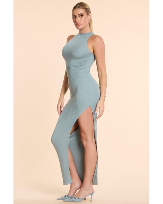 Oh Polly Blue High Neck Racerback Ruched Modal Cashmere Blend Maxi Dress