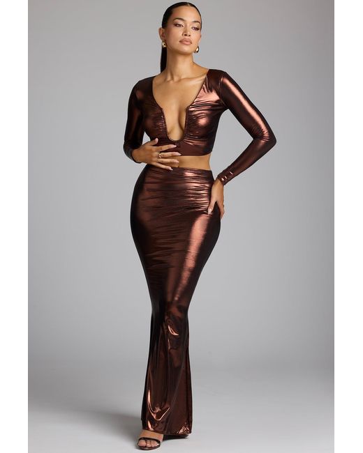 Oh Polly Brown Mid Rise Metallic Jersey Maxi Skirt