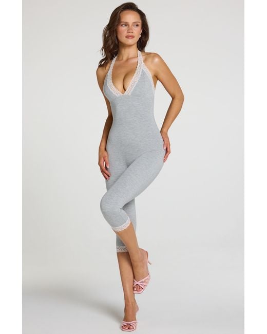 Oh Polly Gray Modal Lace-Trim Capri Jumpsuit