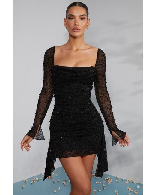 Oh Polly Black Long Sleeve Embellished Cowl Neck Mini Dress