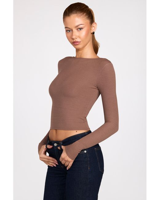 Oh Polly Brown Ribbed Modal Ruched Long-Sleeve Top