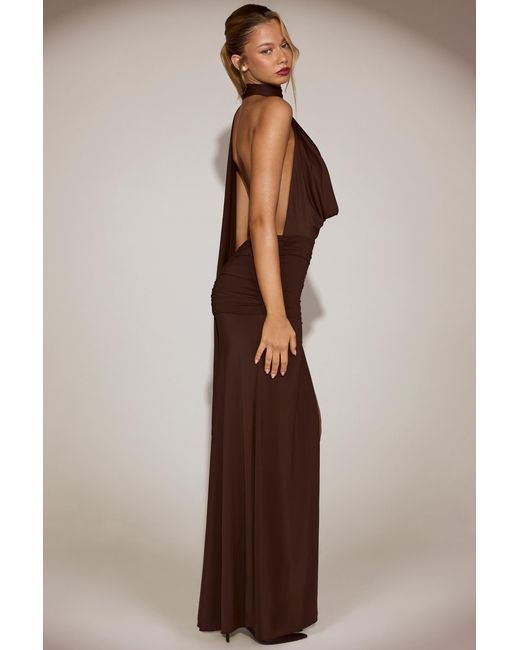 Oh Polly Brown Soft-Jersey Plunge Halterneck Maxi Dress