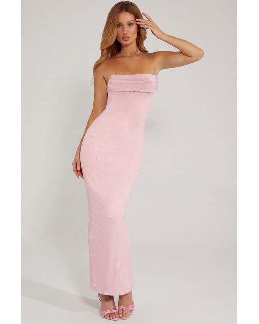 Oh Polly Pink Embellished Bandeau Cowl Neck Maxi Dress