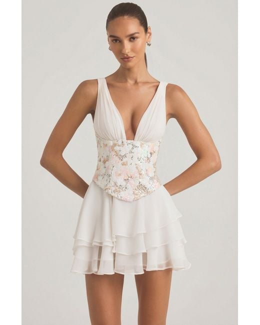 Oh Polly White Embellished Ruffled Corset Mini Dress