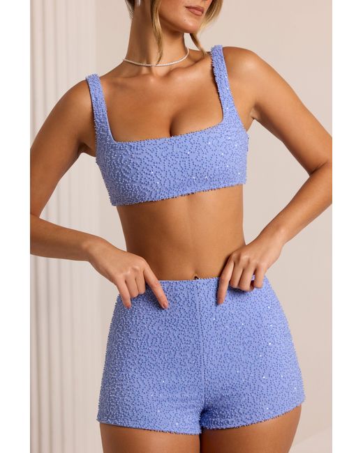 Oh Polly Blue Embellished High Waist Hot Pant Shorts