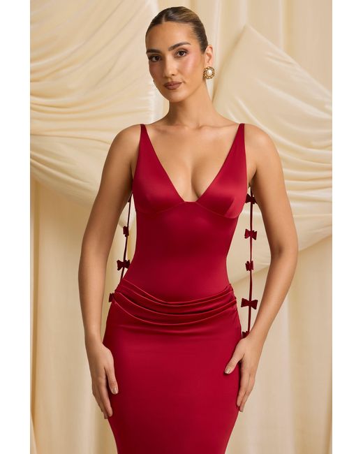 Oh Polly Red Bow-Detail Draped Open-Back Gown