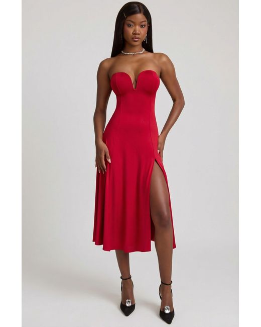 Oh Polly Red Slinky Jersey Strapless A-Line Midaxi Dress