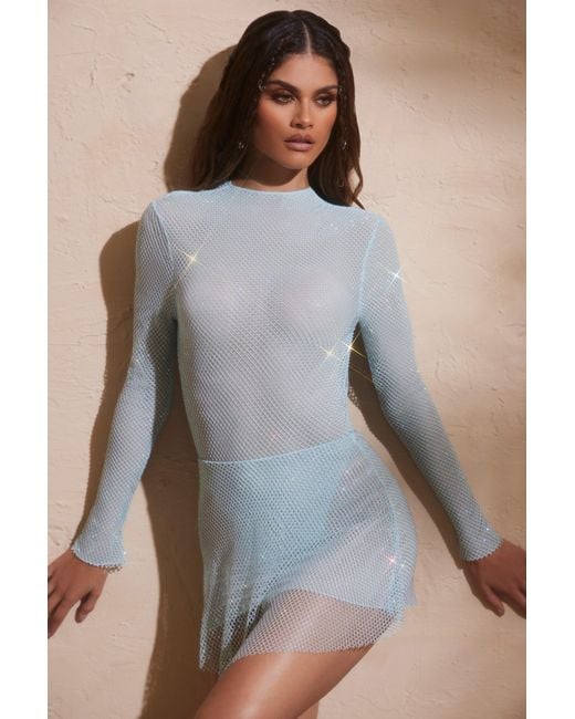 Oh Polly Blue Embellished High Neck Bodysuit