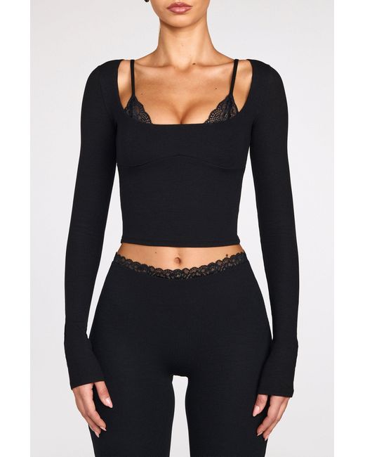 Oh Polly Black Modal Mid-Rise Flared Trousers