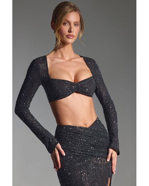 Oh Polly Black Embellished Long-Sleeve Crop Top