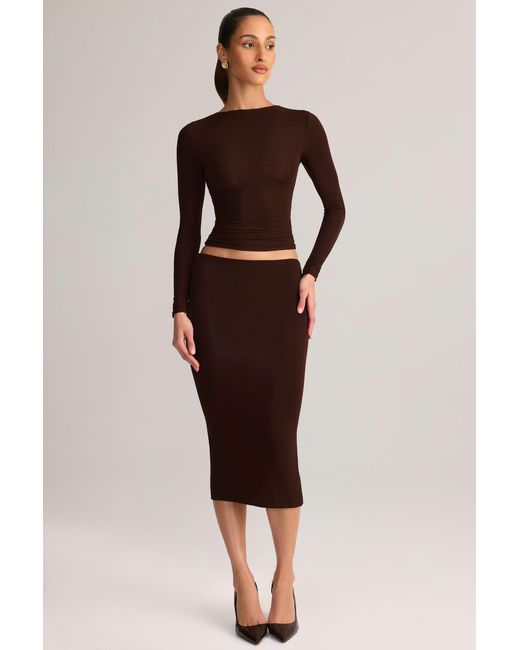 Oh Polly Brown Modal Mid-Rise Pencil Midi Skirt