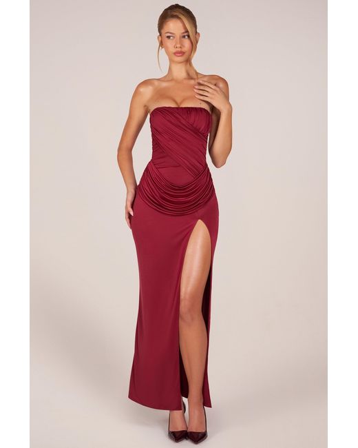 Oh Polly Red Bandeau Draped Thigh-High Maxi Dress