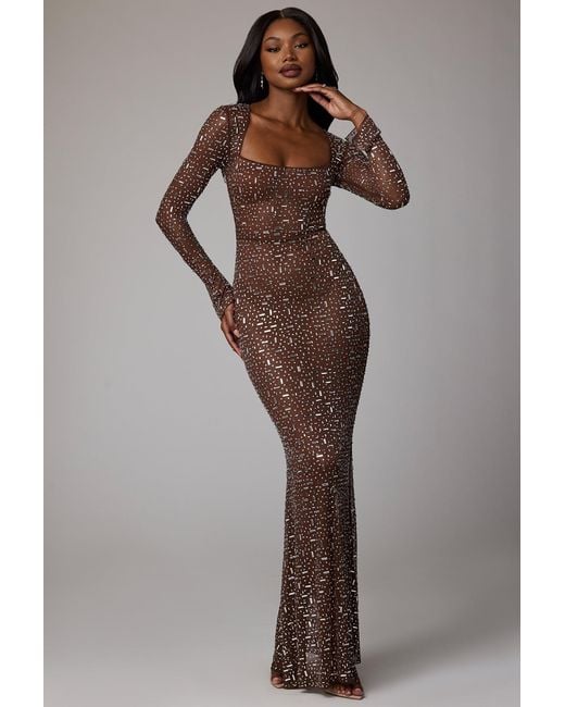 Oh Polly Brown Sheer Embellished Long Sleeve Evening Gown
