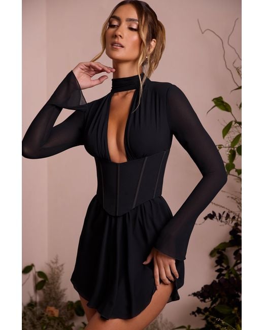 Oh Polly Black Long Sleeve Plunge Neck Mini Dress