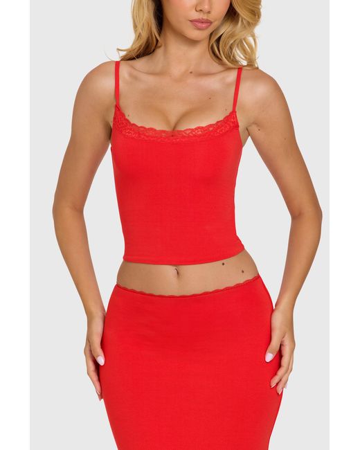 Oh Polly Red Modal Lace-Trim Top