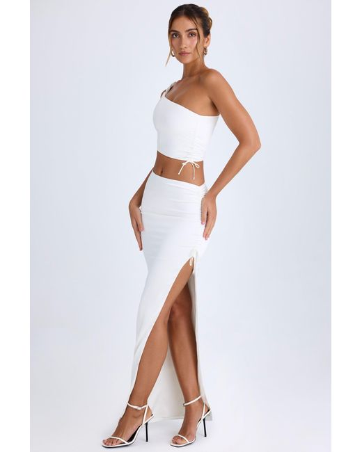 Oh Polly White Ruched Asymmetric-Waist Maxi Skirt