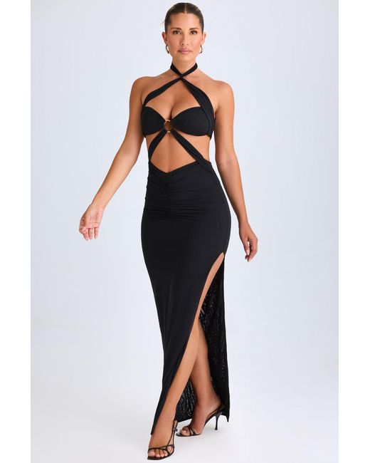 Oh Polly Black Hardware Detail Cut-Out Halterneck Maxi Dress