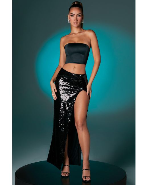 Oh Polly Black Flat Sequin Thigh Split Maxi Skirt
