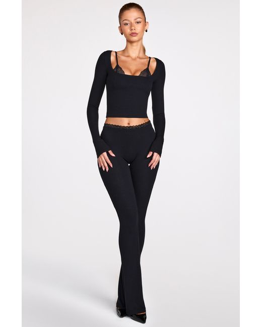 Oh Polly Black Modal Mid-Rise Flared Trousers