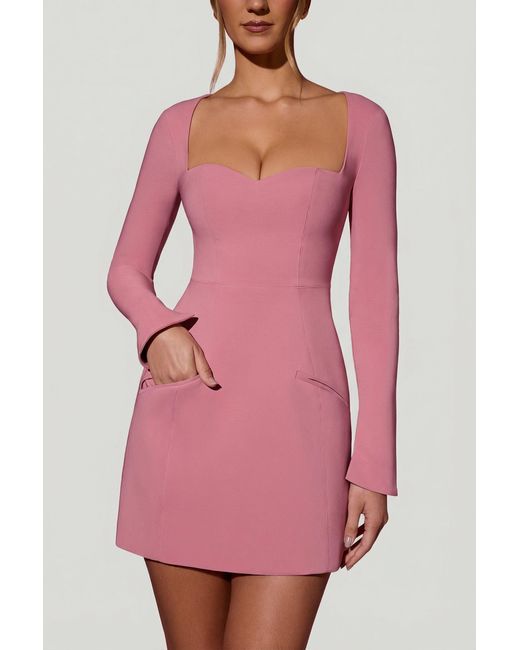 Oh Polly Pink Sweetheart-Neck Long-Sleeve A-Line Mini Dress
